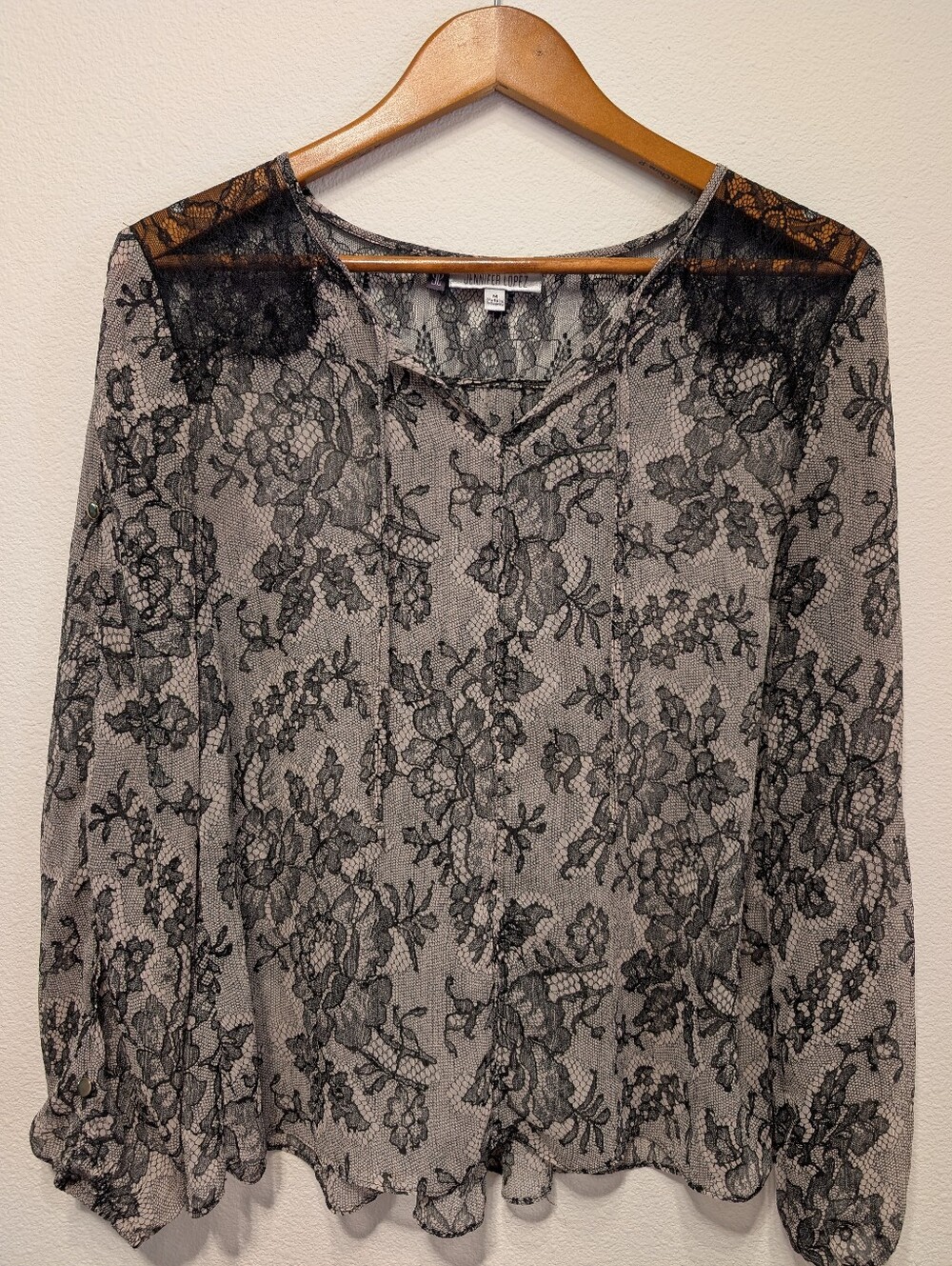 Lace Overlay Tan Long-Sleeve Women's Top